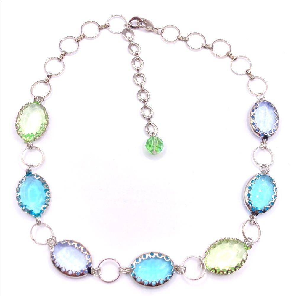 Silver Blue and Green Glass Collar Necklace